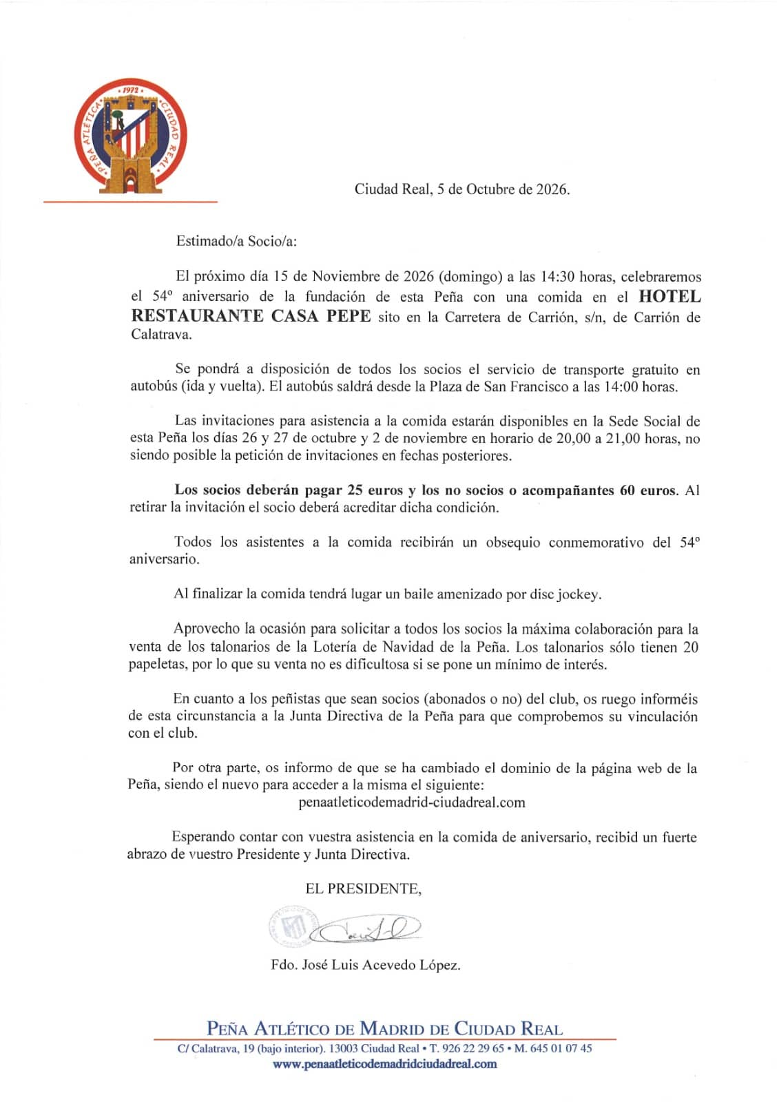 Circular del 54.º aniversario: comida el 15 de noviembre de 2026 en Casa Pepe